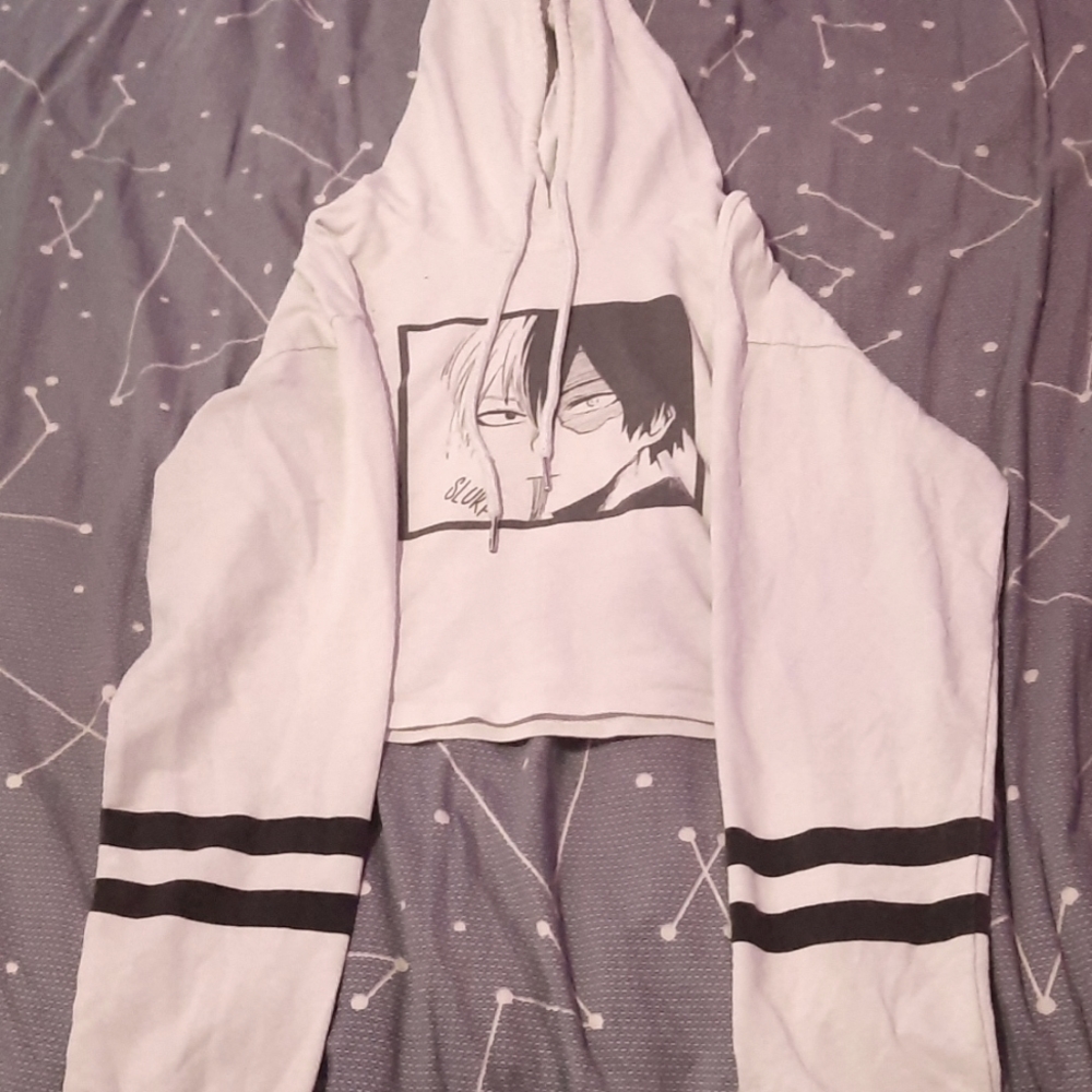Small mha anime todoroki white cropped shirt with hood and draw strings